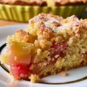 Slice of German Rhubarb Cake with Butter, showcasing its rich texture and vibrant rhubarb.