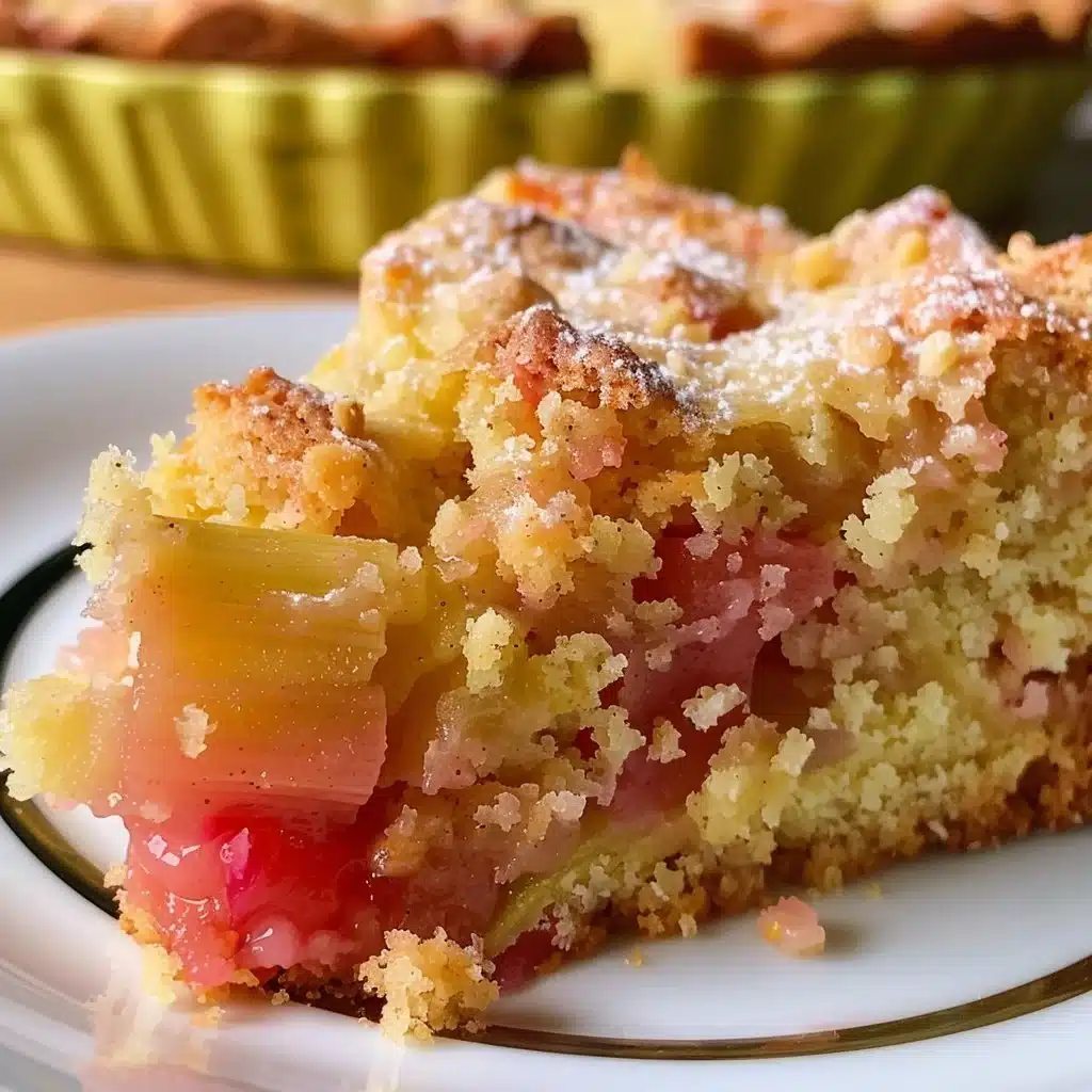 Slice of German Rhubarb Cake with Butter, showcasing its rich texture and vibrant rhubarb.