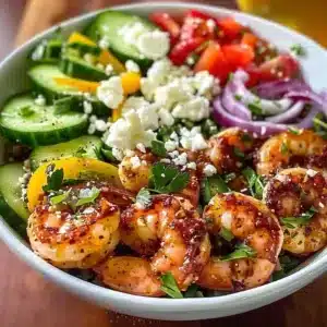 Delicious Greek shrimp bowl featuring Mediterranean ingredients and flavors.