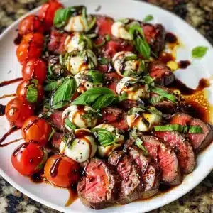 Grilled Flank Steak Caprese with Balsamic Dressing 3 Grilled flank steak caprese topped with fresh tomatoes and balsamic dressing.