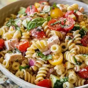 Grinder-Inspired Italian Pasta Salad with fresh vegetables and dressing