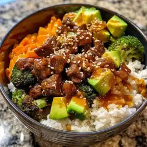 High-protein beef bowl with hot honey and fresh garnishes served in a bowl.