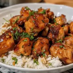 Honey garlic chicken bites served with rice, a flavorful recipe for dinner.