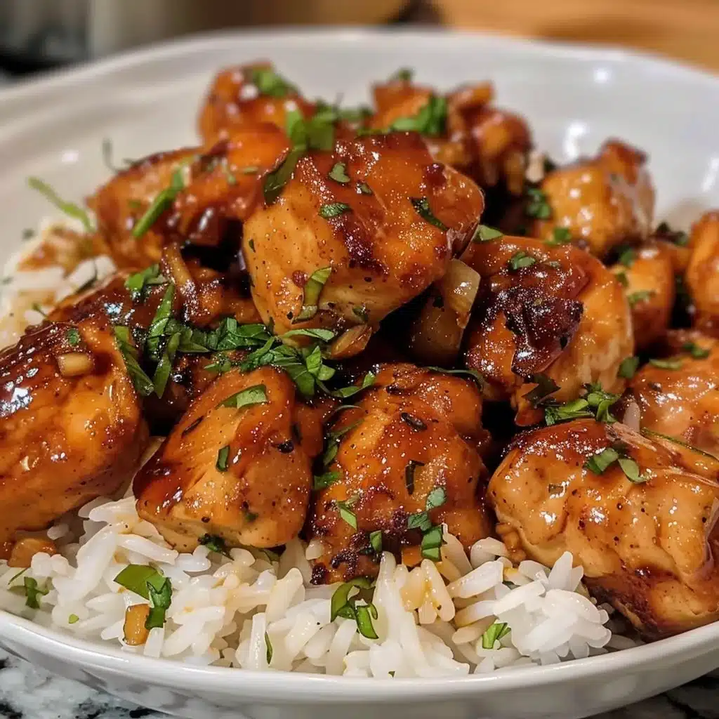 Honey garlic chicken bites served with rice, a flavorful recipe for dinner.