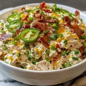 Bowl of Jalapeno Popper Chicken Salad garnished with fresh herbs