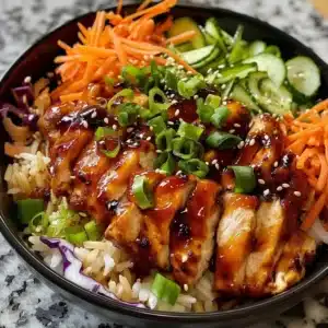 Colorful Korean-Style BBQ Chicken Bowl with fresh vegetables and rice