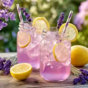Chilled glass of lavender lemonade with fresh lavender sprigs and lemon slices