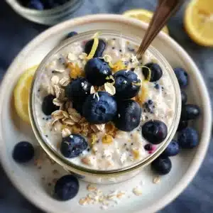 Lemon blueberry overnight oats topped with fresh blueberries and lemon zest.