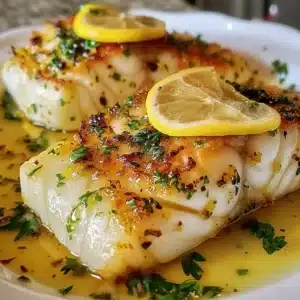 Quick and tasty Lemon Garlic Butter Cod served with lemon slices and garlic herbs