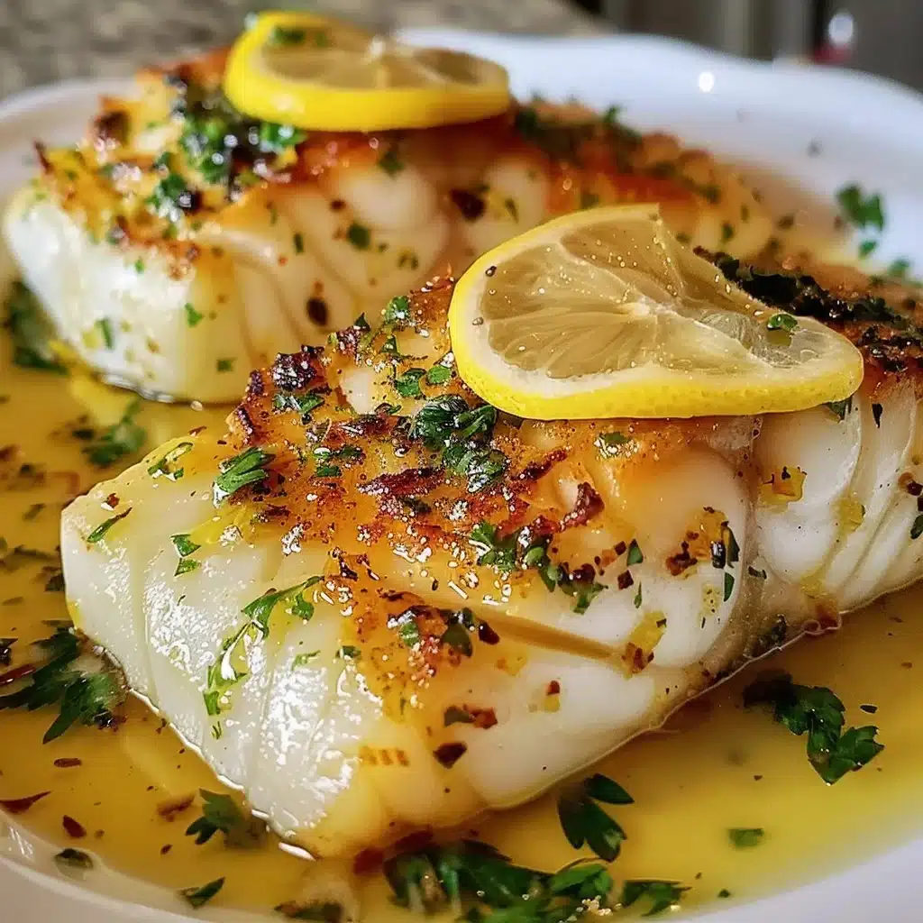 Quick and tasty Lemon Garlic Butter Cod served with lemon slices and garlic herbs