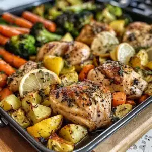 Lemon Herb Sheet Pan Chicken with Vegetables 3 Lemon herb sheet pan chicken with colorful vegetables on a baking tray