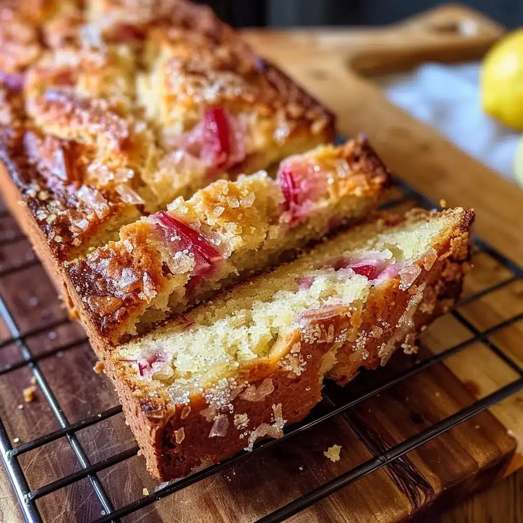 Lemon Rhubarb Bread fresh out of the oven with slices displayed
