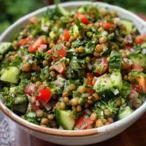 Bowl of fresh Lentil Tabbouleh salad with herbs and vegetables