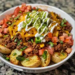 Loaded Potato Taco Bowl Recipe 3 Delicious loaded potato taco bowl topped with fresh vegetables and cheese