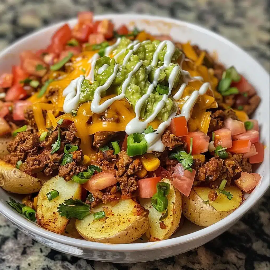 Delicious loaded potato taco bowl topped with fresh vegetables and cheese