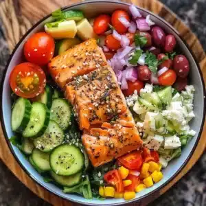 Mediterranean Salmon Bowl Recipe 3 Mediterranean Salmon Bowl with vibrant vegetables and herbs