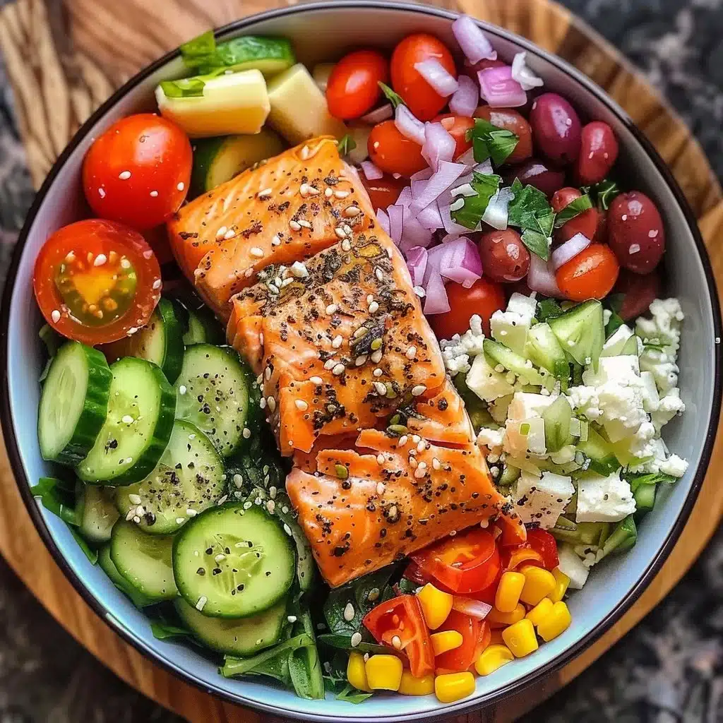 Mediterranean Salmon Bowl with vibrant vegetables and herbs
