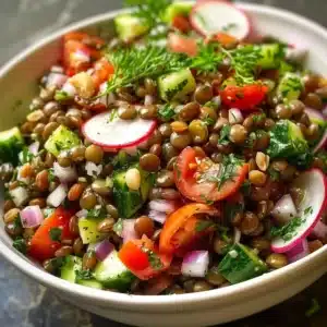A vibrant Mediterranean-Style Lentil Salad with fresh vegetables and herbs