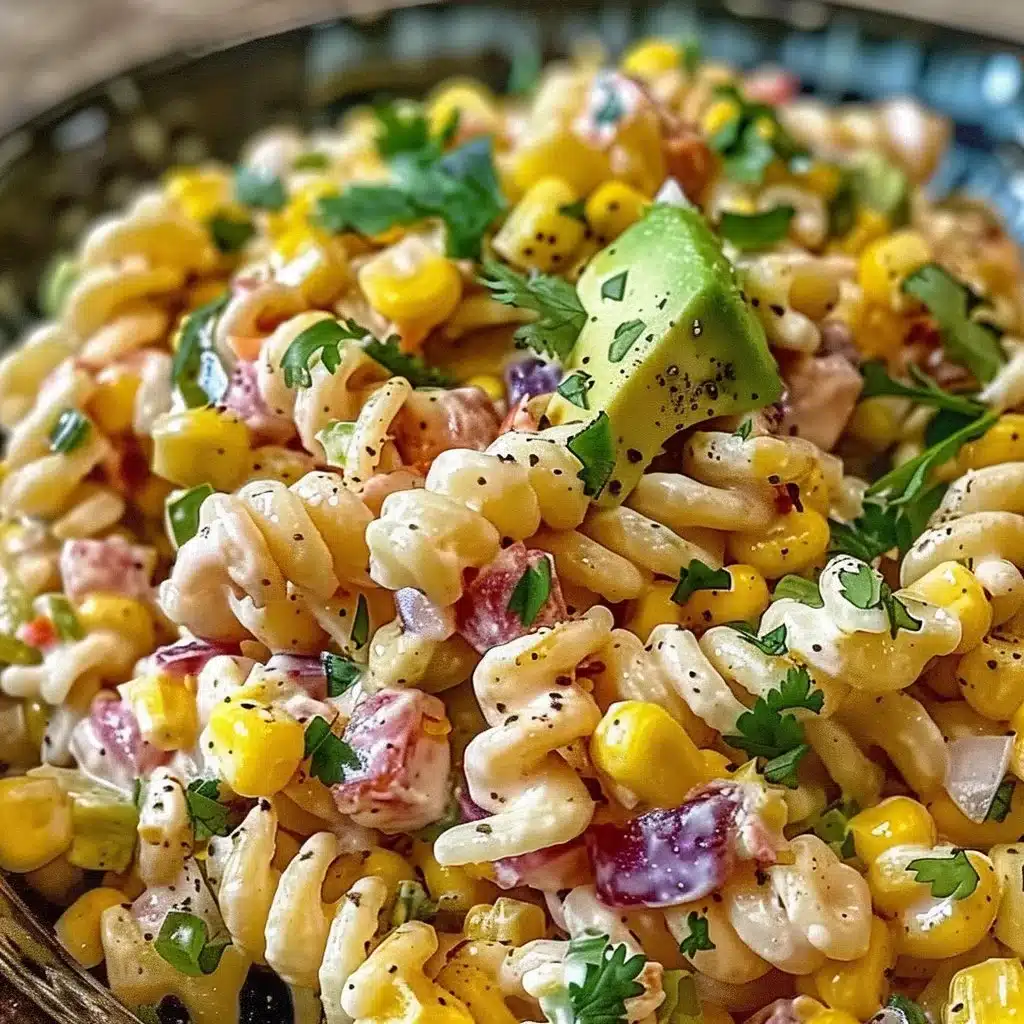 Bowl of Mexican street corn pasta salad with vibrant toppings and ingredients