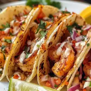 Delicious shrimp tacos served with fresh toppings and lime wedges