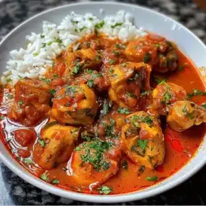 Delicious Nigerian Chicken Stew served in a bowl with herbs and spices