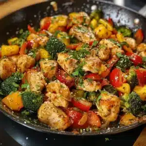 Delicious one-pan chicken and veggie skillet dish served in a cast iron skillet