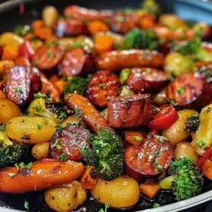 One-Pan Honey Garlic Kielbasa with assorted vegetables