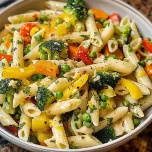 Colorful Pasta Primavera dish featuring fresh vegetables and herbs.