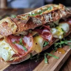 Prosciutto and honey brie baguette sandwich with fresh ingredients