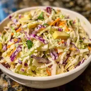 Delicious quick Hawaiian coleslaw served in a colorful bowl