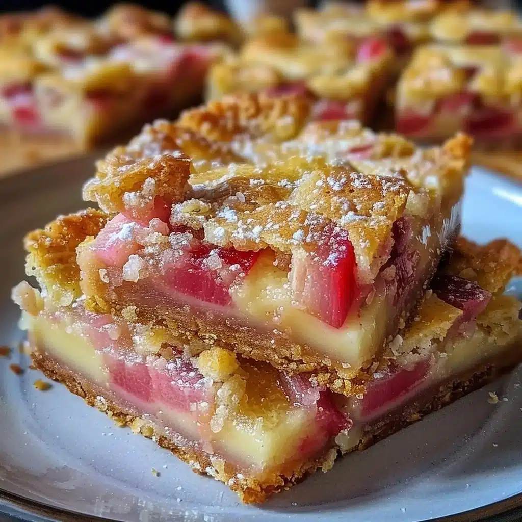 Freshly baked rhubarb custard bars with a golden crust and vibrant filling.