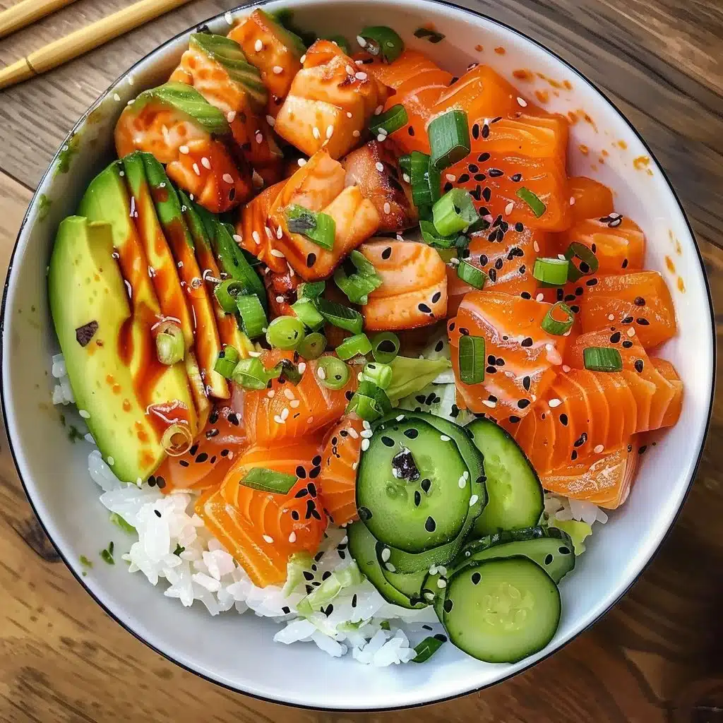 Healthy salmon bowl with fresh vegetables and rice
