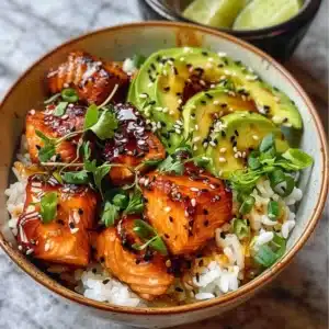 Delicious Salmon Rice Bowl with Honey Glaze topped with fresh vegetables