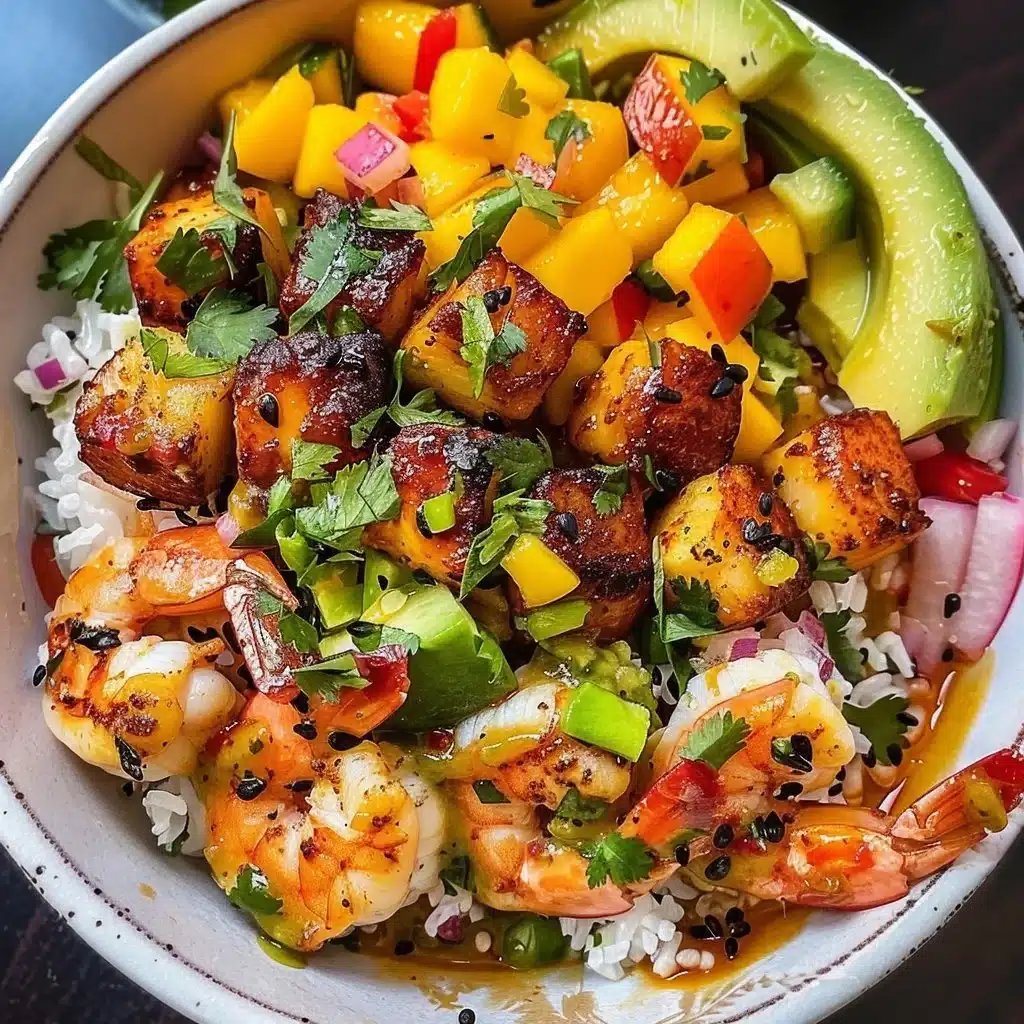 Shrimp avocado bowl with mango salsa, garnished with fresh ingredients
