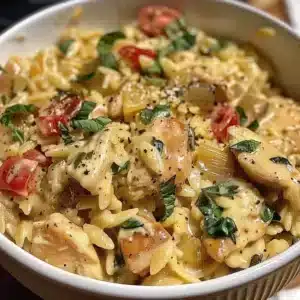 Slow Cooker Creamy Tuscan Chicken Orzo dish with herbs and vegetables