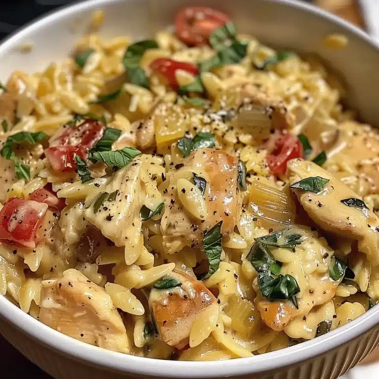 Slow Cooker Creamy Tuscan Chicken Orzo dish with herbs and vegetables