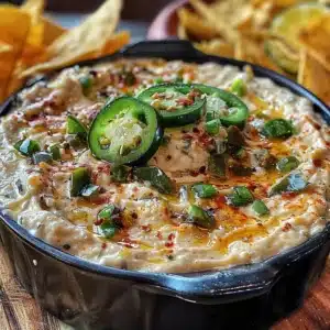 Spicy roasted jalapeño cream cheese dip served with tortilla chips