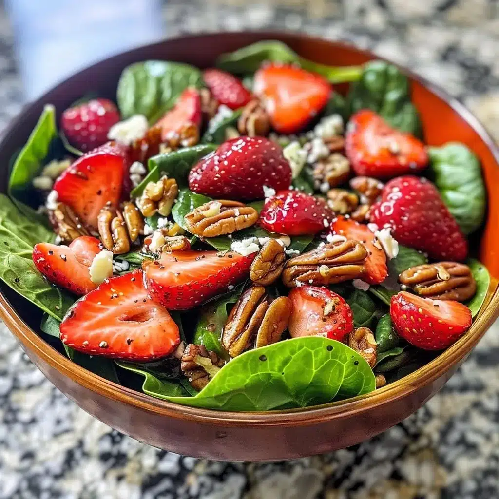 Delicious Spinach Strawberry Salad topped with pecans and fresh strawberries
