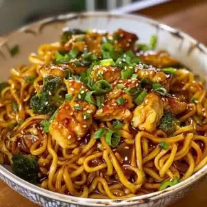 Sticky Garlic Chicken Noodles recipe with chicken and noodles in a savory garlic sauce