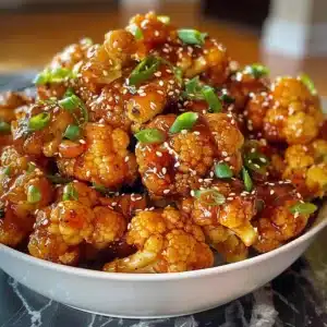 Sticky honey garlic cauliflower dish garnished with herbs