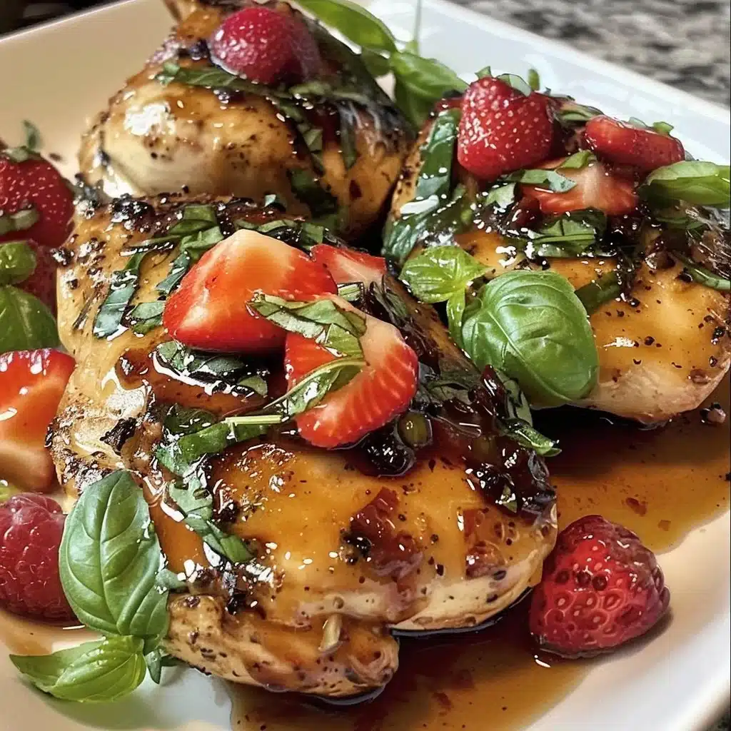 Delicious strawberry basil chicken dish garnished with fresh basil leaves.
