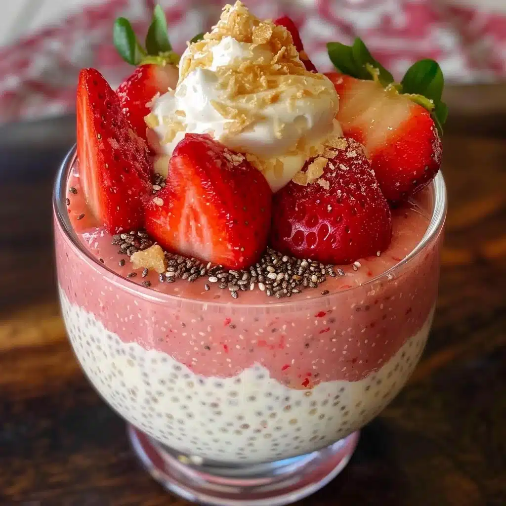 Delicious strawberry cheesecake chia pudding served in a glass