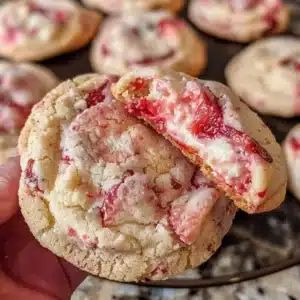 Strawberry Cheesecake Cookies Recipe 3 Delicious strawberry cheesecake cookies on a white plate, featuring fresh strawberries and cream cheese.