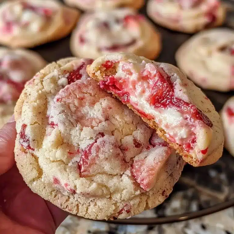 Delicious strawberry cheesecake cookies on a white plate, featuring fresh strawberries and cream cheese.