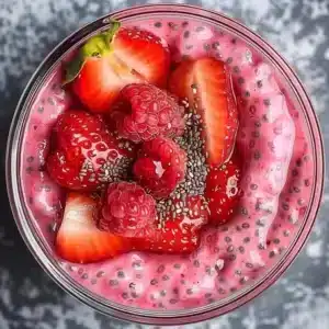 Bowl of strawberry chia seed pudding topped with fresh strawberries and mint leaves.