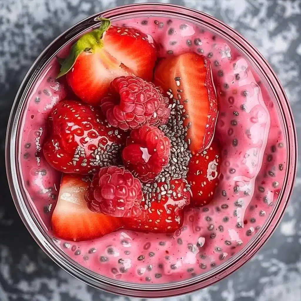 Bowl of strawberry chia seed pudding topped with fresh strawberries and mint leaves.