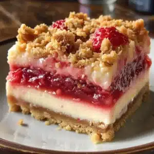 Delicious strawberry crunch cheesecake bars on a white plate with strawberries.