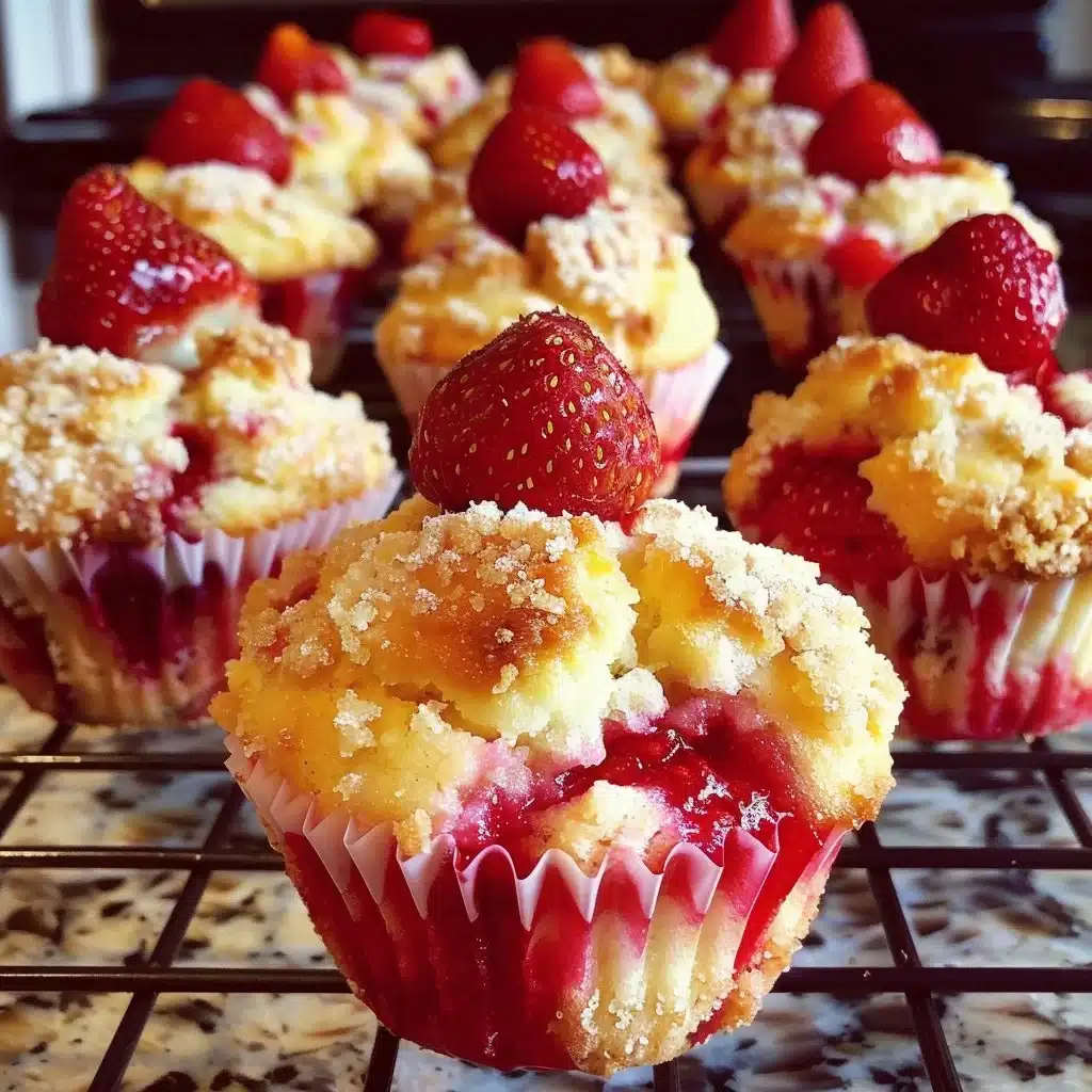 Freshly baked Strawberry Shortcake Muffins with strawberries and cream.