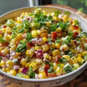 Sweet Corn Salad 3 Colorful sweet corn salad with fresh vegetables and herbs in a bowl.