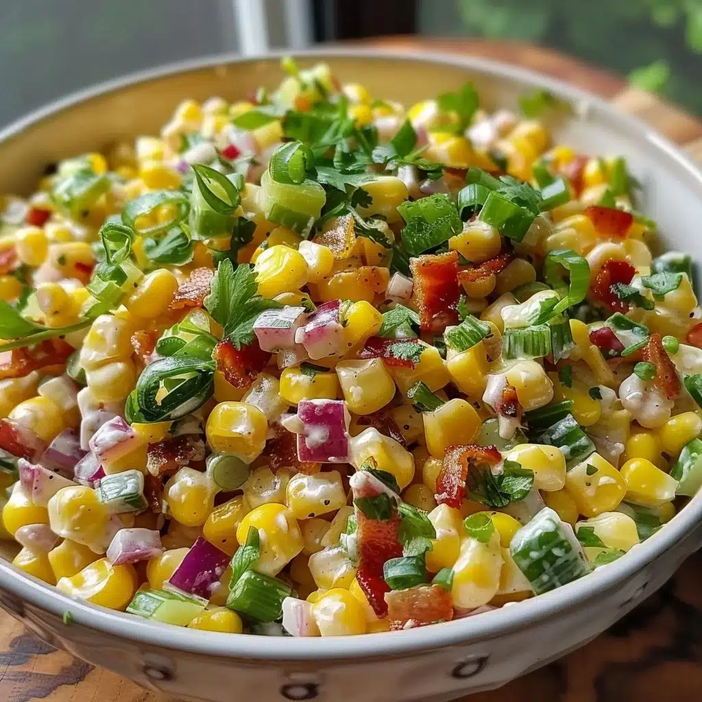 Colorful sweet corn salad with fresh vegetables and herbs in a bowl.